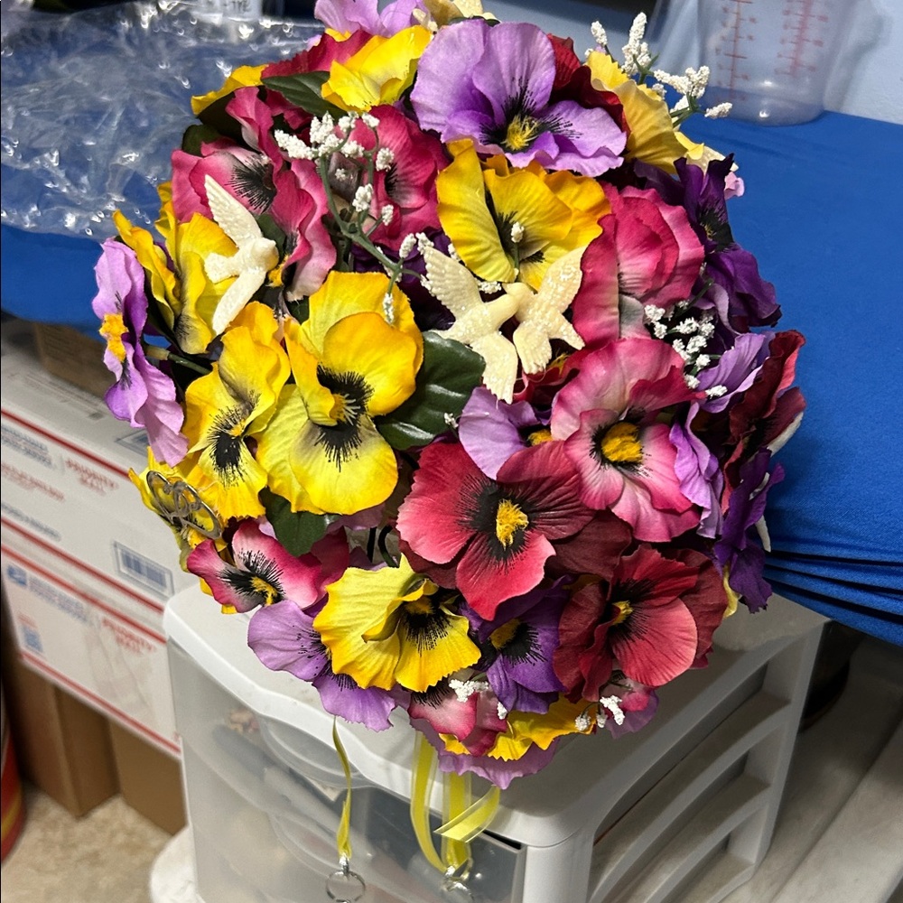 Vibrant Faux Floral Bouquet with Yellow and Purple Blooms
